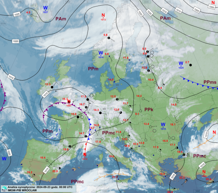 Mapa synoptyczna z terminu 23.09.2024 00:00 UTC. Źródło: IMGW-PIB.