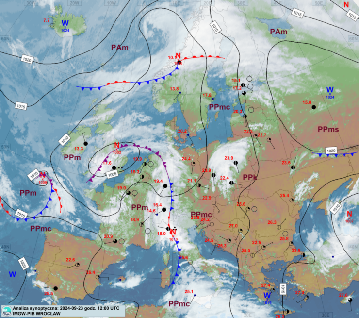 Mapa synoptyczna z terminu 23.09.2024 12:00 UTC. Źródło: IMGW-PIB.