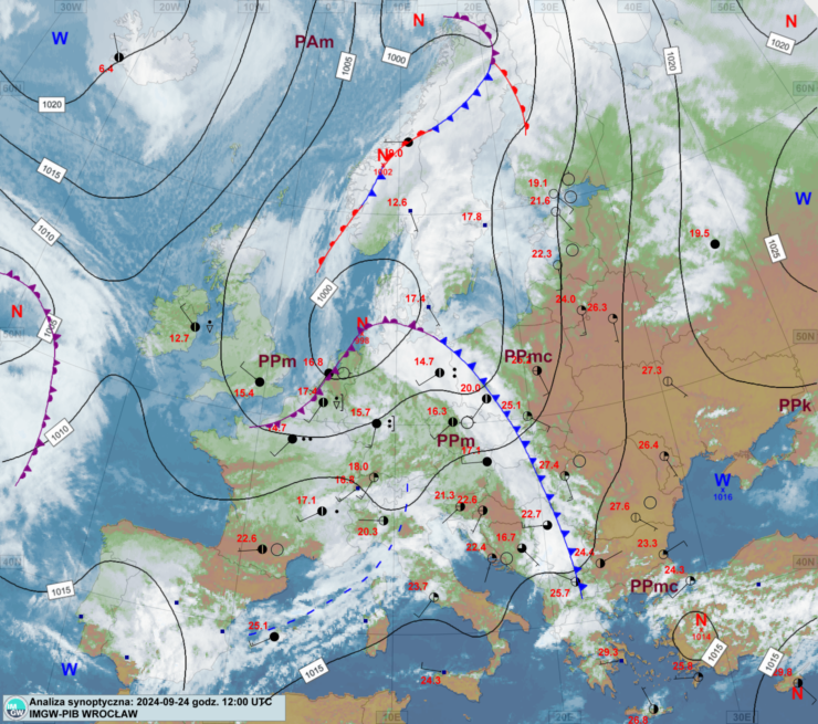 Mapa synoptyczna z terminu 24.09.2024 12:00 UTC. Źródło: IMGW-PIB.