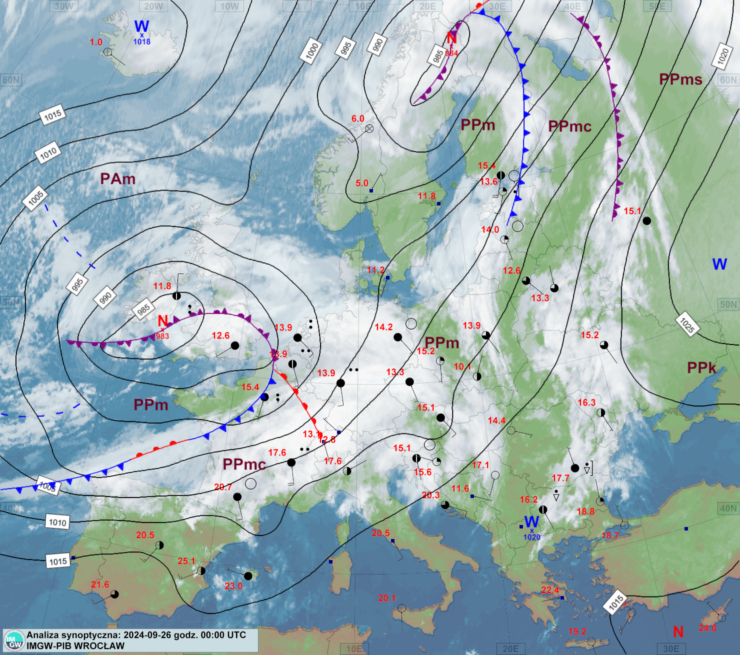 Mapa synoptyczna z terminu 26.09.2024 00:00 UTC. Źródło: IMGW-PIB.