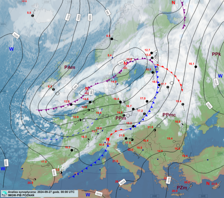 Mapa synoptyczna z terminu 27.09.2024 00:00 UTC. Źródło: IMGW-PIB.