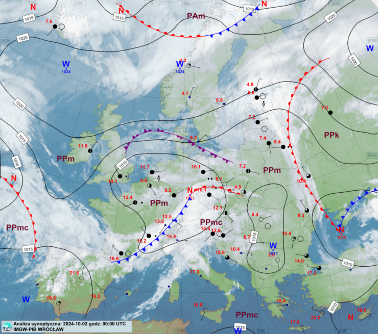 Mapa synoptyczna z terminu 02.10.2024 00:00 UTC. Źródło: IMGW-PIB.