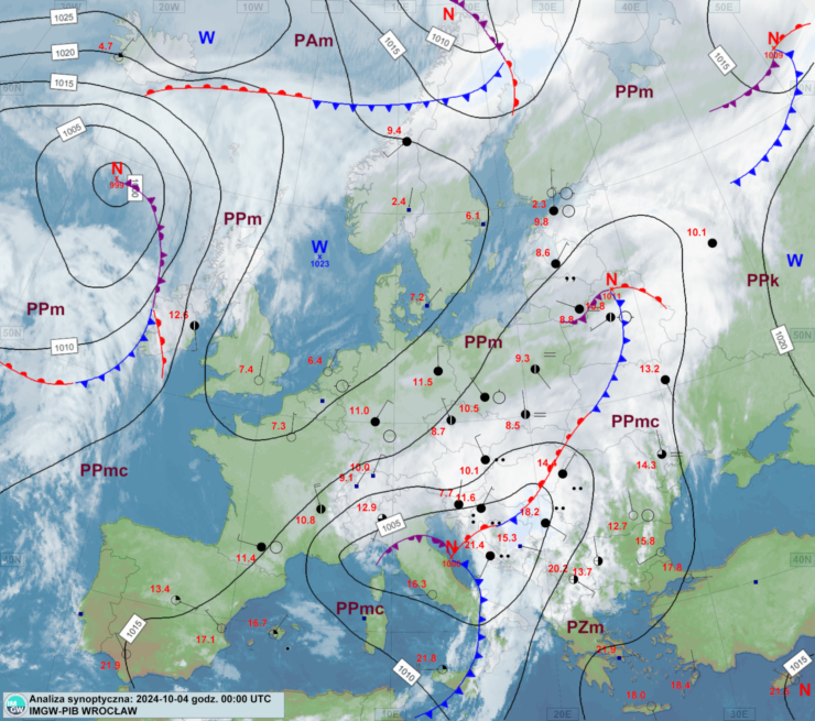 Mapa synoptyczna z terminu 04.10.2024 00:00 UTC. Źródło: IMGW-PIB.