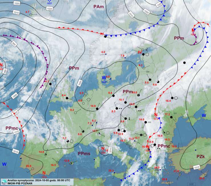 Mapa synoptyczna z terminu 05.10.2024 00:00 UTC. Źródło: IMGW-PIB.