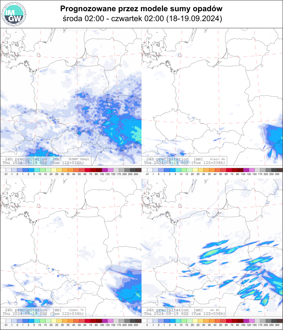 Prognozowana dobowa suma opadów na środę (18.09 02 UTC - 19.09 02 UTC) wg wyników modeli ECMWF 0.1°, Alaro 4 km, COSMO 7 km, UM 4 km.