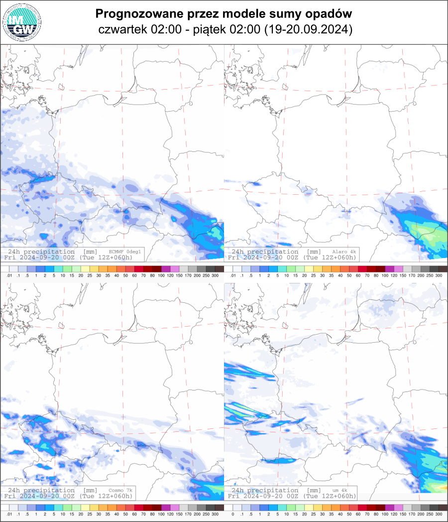 Prognozowana dobowa suma opadów na czwartek (19.09 02 UTC - 20.09 02 UTC) wg wyników modeli ECMWF 0.1°, Alaro 4 km, COSMO 7 km, UM 4 km.