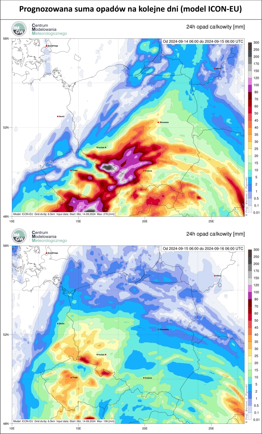 Prognozowana dobowa suma opadów na sobotę (14.09) i niedzielę (15.09) wg. modelu ICON-EU.