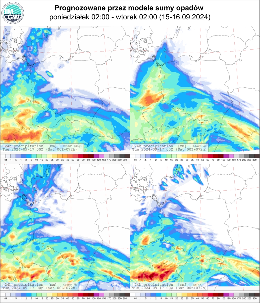 Prognozowana dobowa suma opadów na poniedziałek (16.09 00 UTC - 17.09 00 UTC) wg wyników modeli ECMWF 0.1°, Alaro 4 km, COSMO 7 km, UM 4 km.