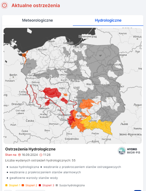 Mapa obowiązujących ostrzeżeń hydrologicznych. Źródło: IMGW-PIB