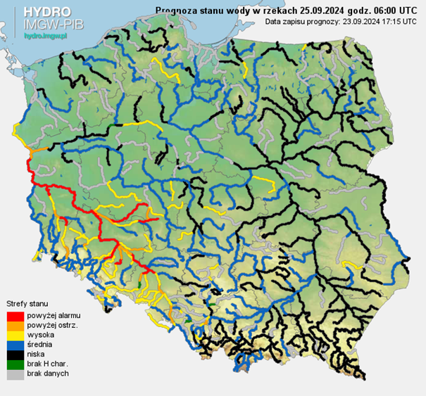 Prognozowana sytuacja hydrologiczna 25.09.2024 r. (06 UTC)