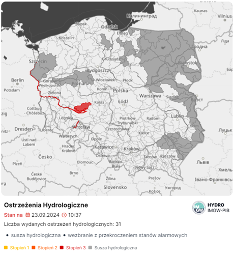 Mapa obowiązujących ostrzeżeń hydrologicznych. Źródło: IMGW-PIB