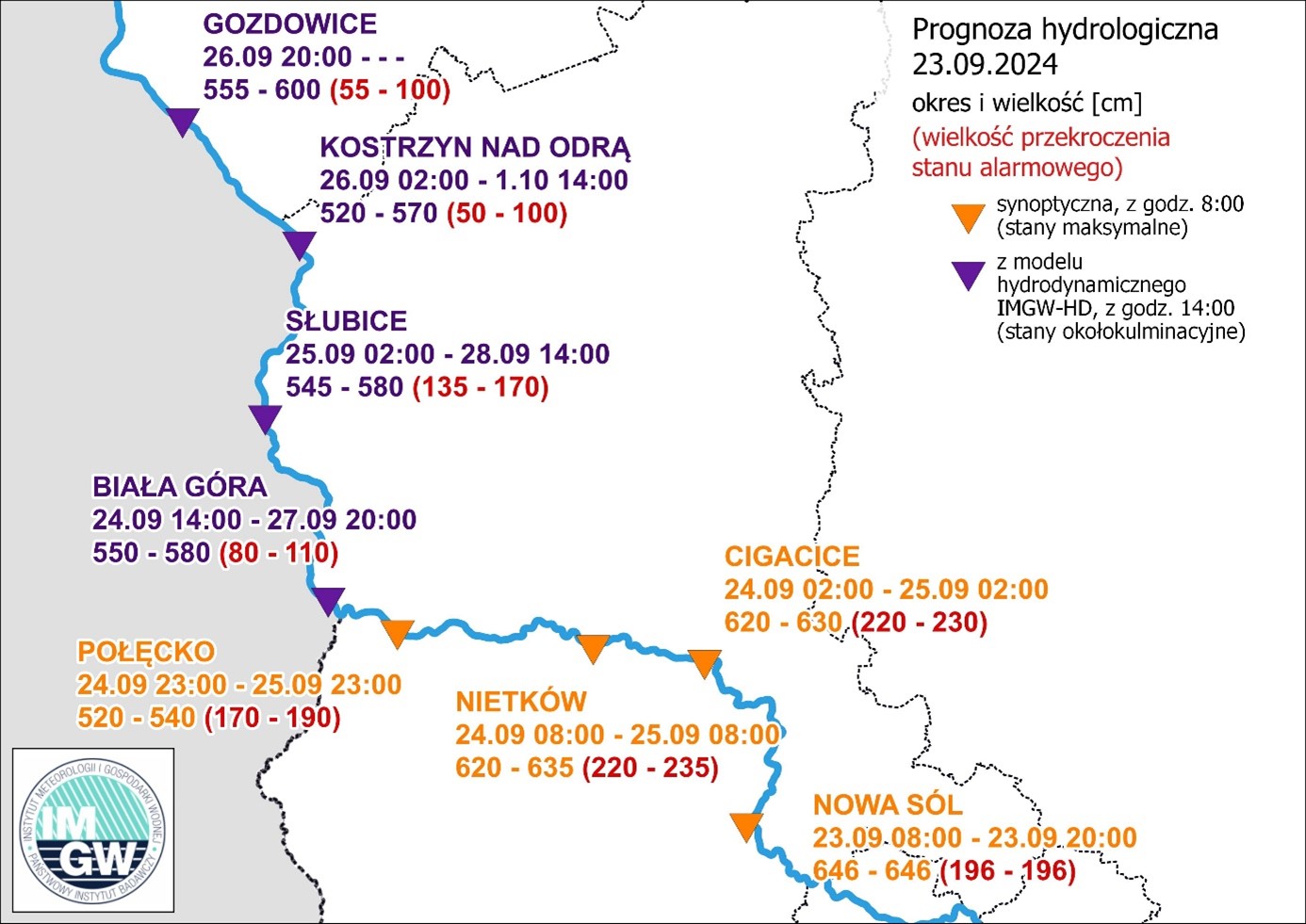 Prognoza hydrologiczna wezbrania na Odrze 23.09.2024.