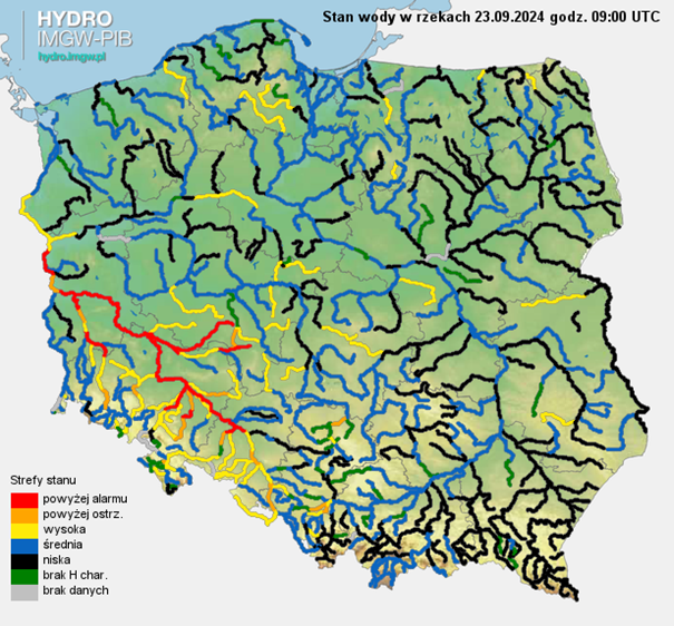 Aktualna sytuacja hydrologiczna 23.09.2024 (09 UTC). Źródło: IMGW-PIB