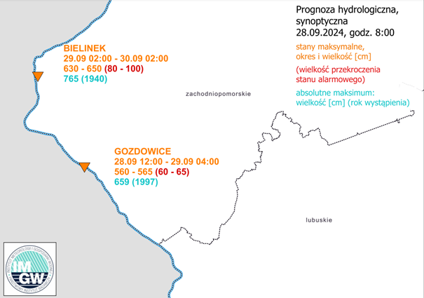 Prognoza hydrologiczna wezbrania na Odrze 28.09.2024.