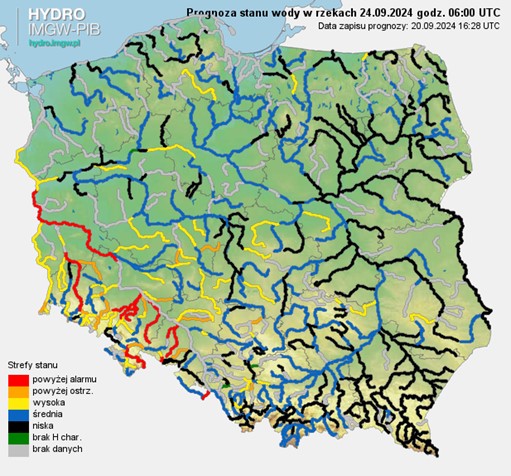 Prognozowana sytuacja hydrologiczna 24.09.2024 r. (06 UTC). 