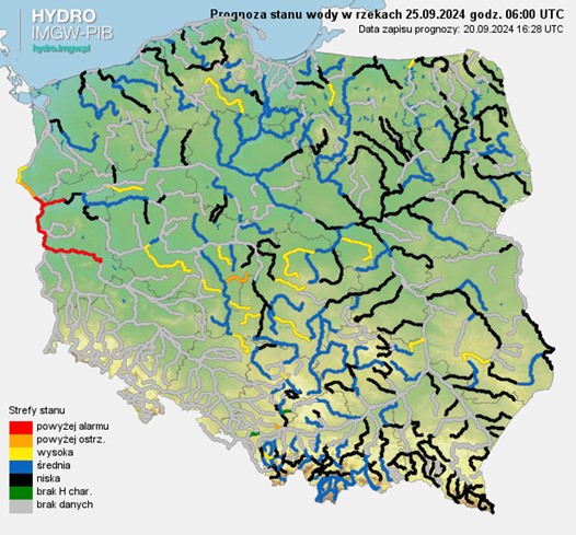 Prognozowana sytuacja hydrologiczna 25.09.2024 r. (06 UTC). 