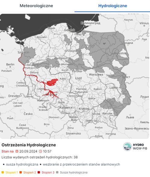 Mapa obowiązujących ostrzeżeń hydrologicznych. Źródło: IMGW-PIB 