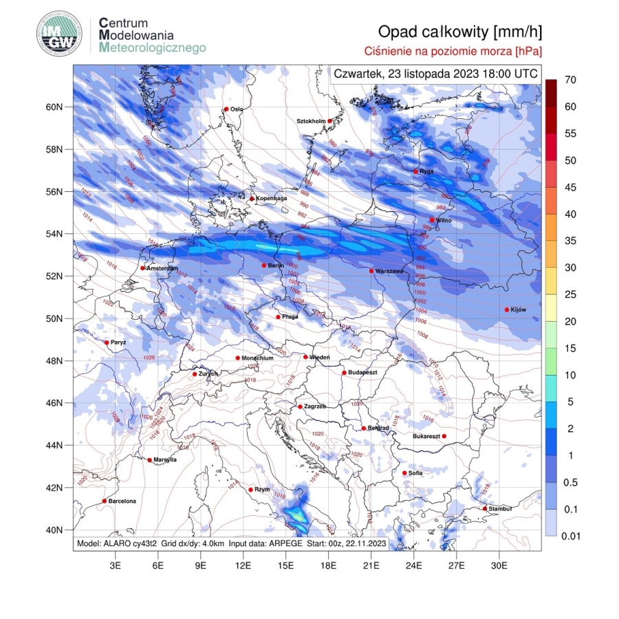 Prognoza opadów atmosferycznych w  czwartek (23.11.2023 r.) wg modelu ALARO . https://meteo.imgw.pl/
