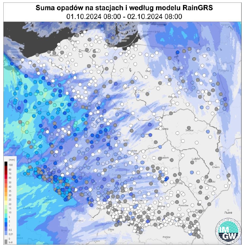 Suma opadów zmierzona na stacjach i według modelu RainGRS za okres 24 h (01.10.2024 06:00 UTC – 02.10.2024 06:00 UTC).