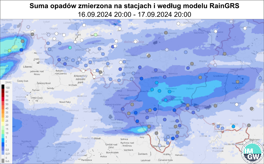 Suma opadów zmierzona na stacjach wraz z nałożonym rozkładem przestrzennym opadów według modelu RainGRS dla obszaru południowo zachodniej Polski za okres 24 h (16.09.2024 18:00 UTC – 17.09.2024 18:00 UTC).