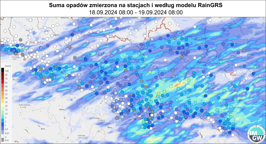 Suma opadów zmierzona na stacjach i według modelu RainGRS za okres 24 h (18.09.2024 06:00 UTC – 19.09.2024 06:00 UTC).