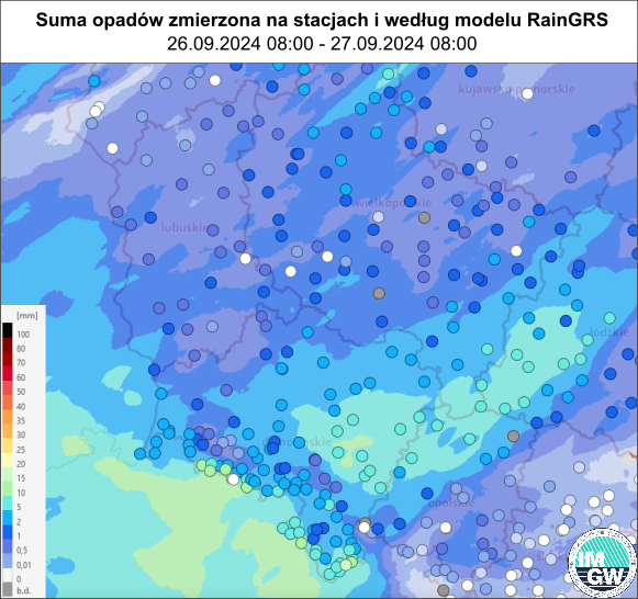 Suma opadów zmierzona na stacjach i według modelu RainGRS za okres 24 h w zachodniej i południowo-zachodniej Polsce (26.09.2024 06:00 UTC – 27.09.2024 06:00 UTC).