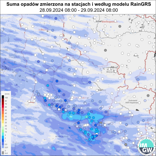 Suma opadów zmierzona na stacjach i według modelu RainGRS za okres 24 h w południowo-zachodniej części Polski (28.09.2024 06:00 UTC – 29.09.2024 06:00 UTC).