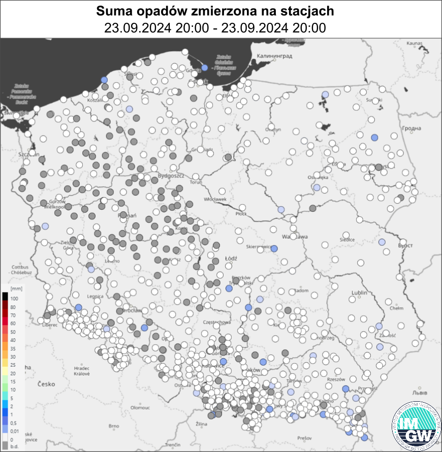 Suma opadów zmierzona na stacjach pomiarowych za okres 24 h (22.09.2024 18:00 UTC – 23.09.2024 18:00 UTC).