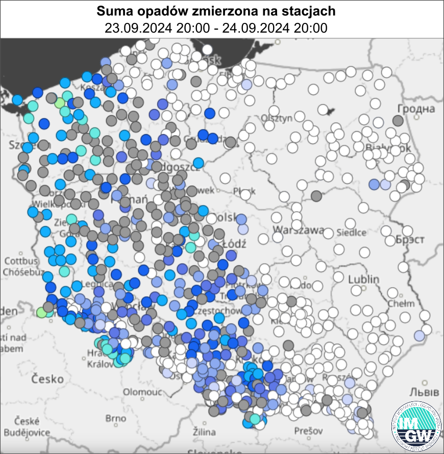 Suma opadów zmierzona na stacjach pomiarowych za okres 24 h (23.09.2024 18:00 UTC – 24.09.2024 18:00 UTC).