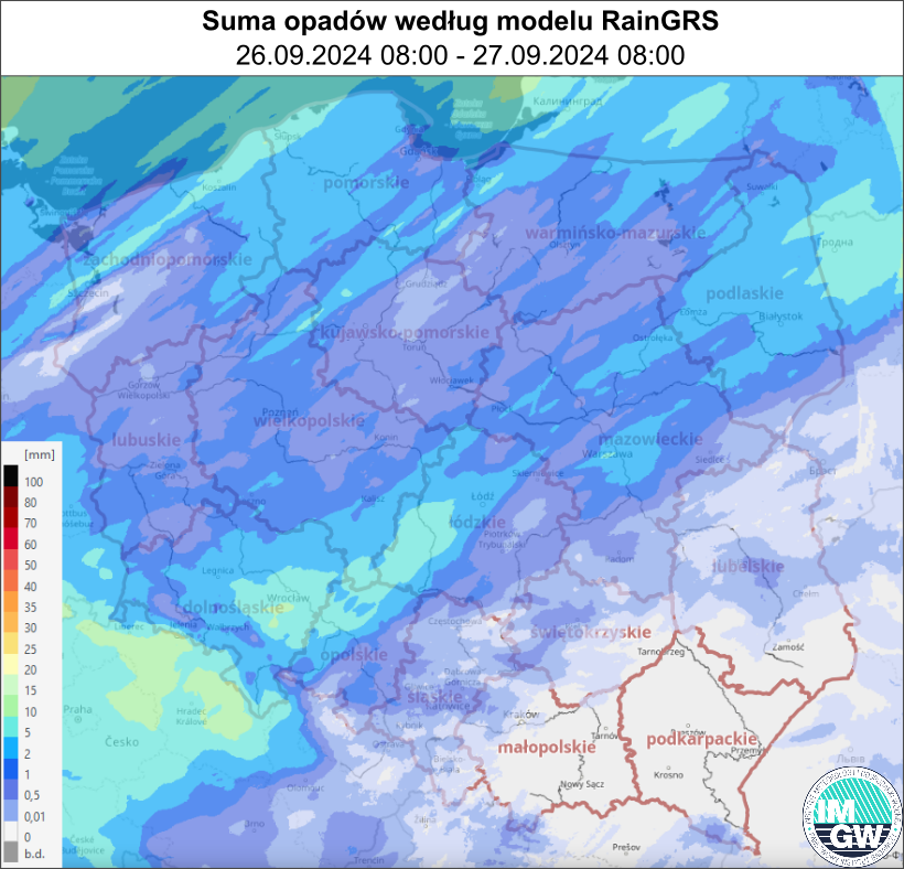 Suma opadów według modelu RainGRS za okres 24 h (26.09.2024 06:00 UTC – 27.09.2024 06:00 UTC).