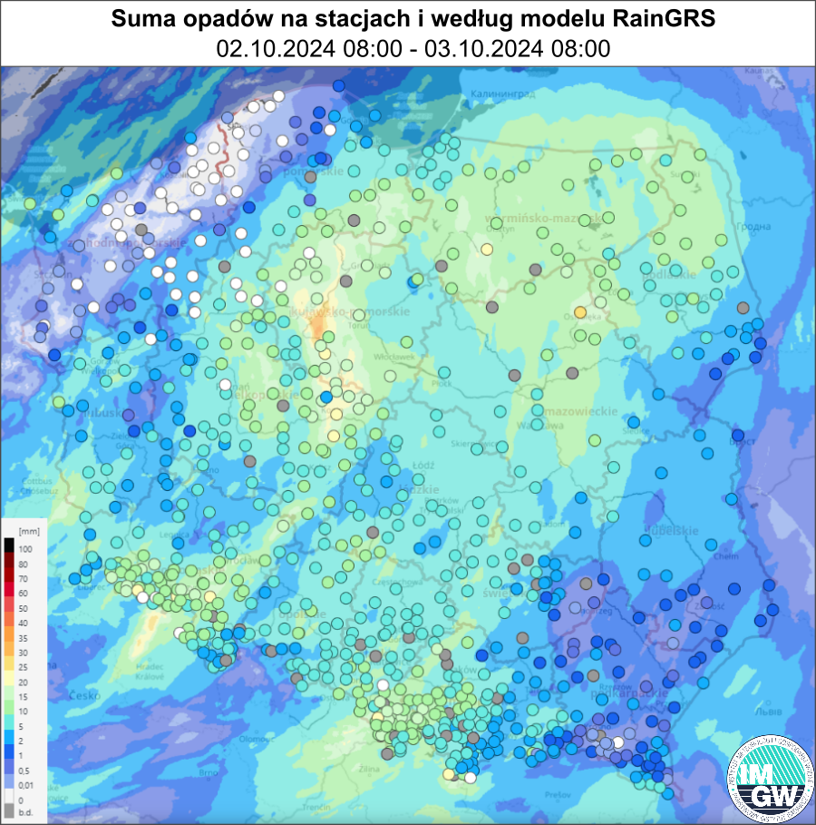 Suma opadów zmierzona na stacjach i według modelu RainGRS za okres 24 h (02.10.2024 06:00 UTC – 03.10.2024 06:00 UTC).