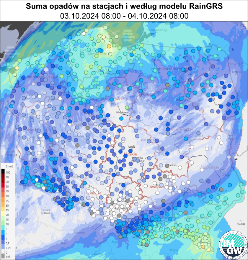 Suma opadów zmierzona na stacjach i według modelu RainGRS za okres 24 h (03.10.2024 06:00 UTC – 04.10.2024 06:00 UTC).