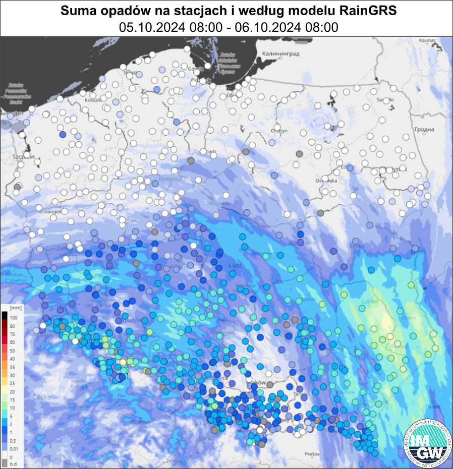 Suma opadów zmierzona na stacjach i według modelu RainGRS za okres 24 h (05.10.2024 06:00 UTC – 06.10.2024 06:00 UTC).