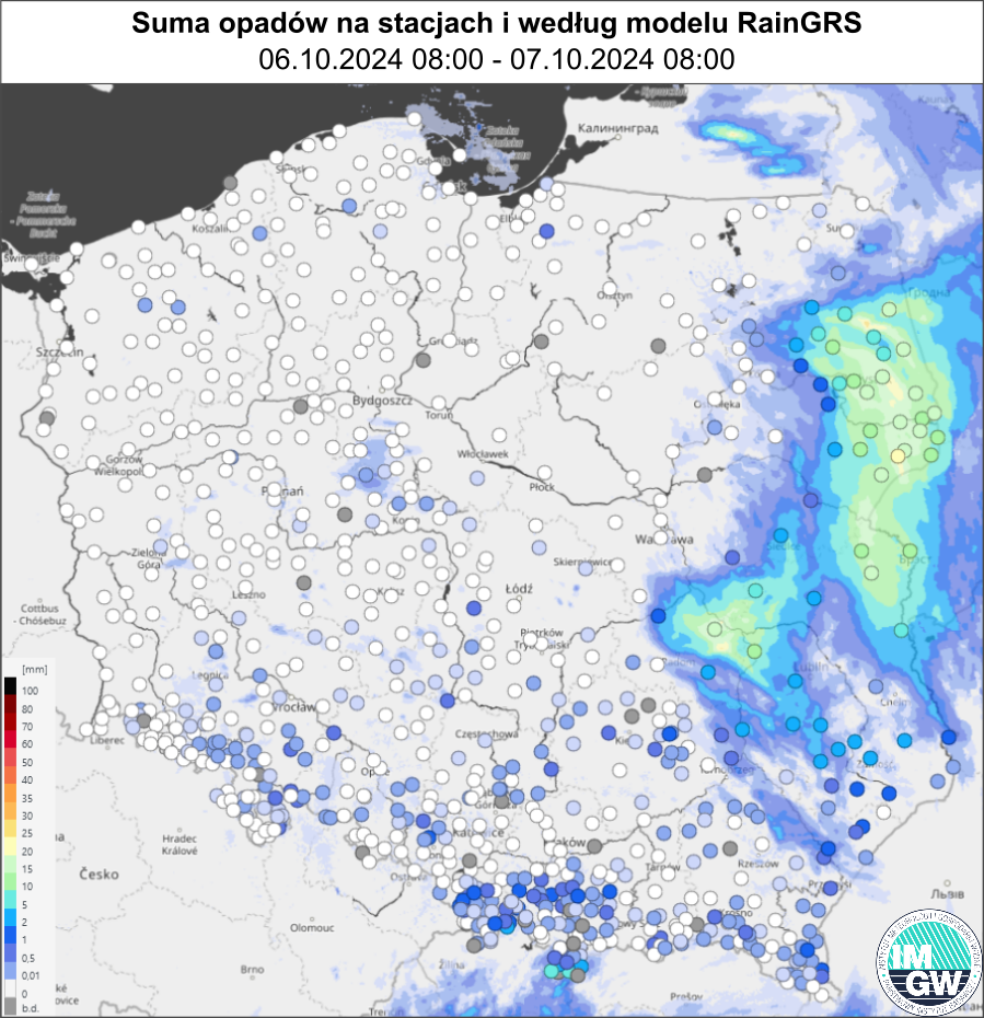 Suma opadów zmierzona na stacjach i według modelu RainGRS za okres 24 h (06.10.2024 06:00 UTC – 07.10.2024 06:00 UTC).