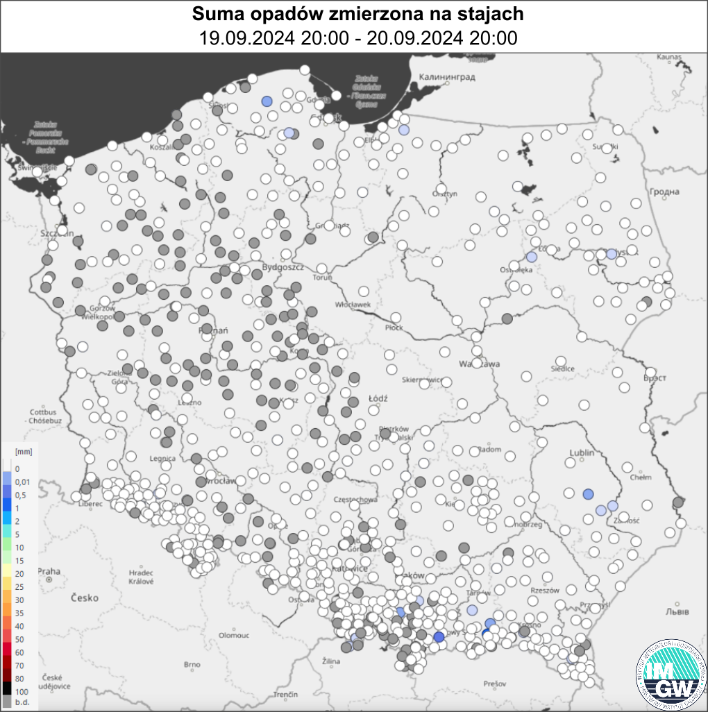 Suma opadów zmierzona na stacjach pomiarowych za okres 24 h (19.09.2024 18:00 UTC – 20.09.2024 18:00 UTC). 