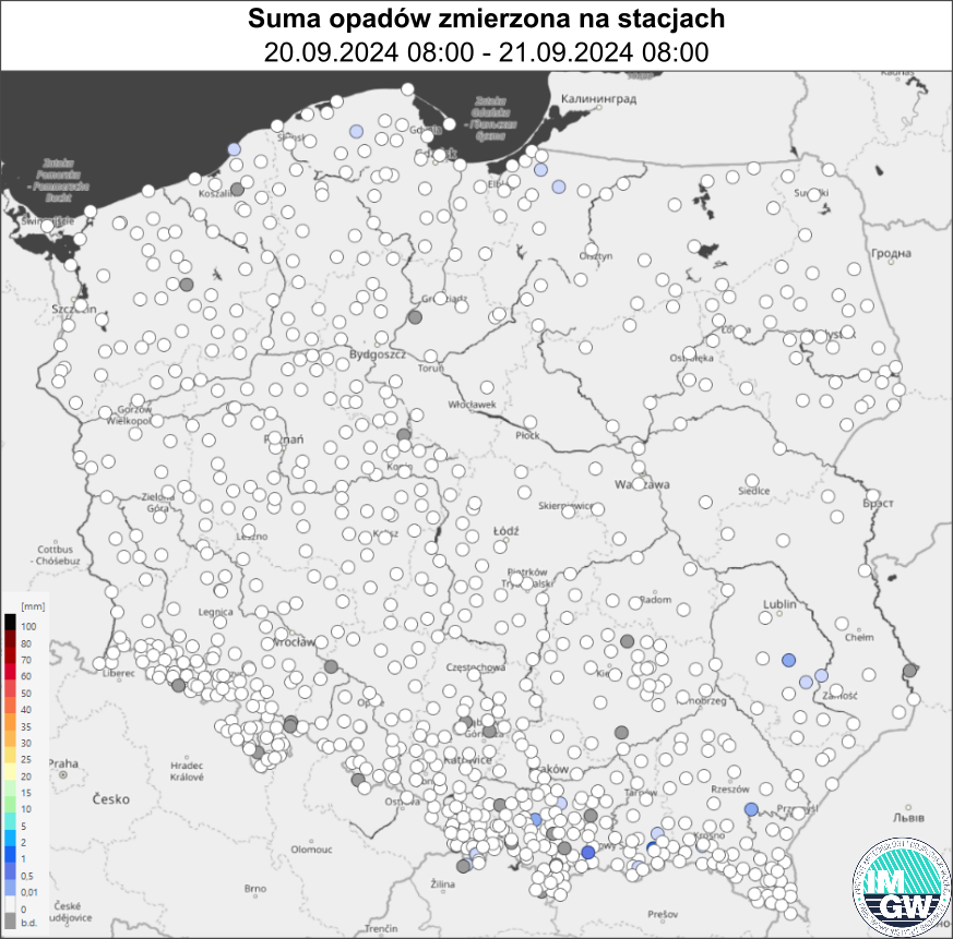 Suma opadów zmierzona na stacjach za okres 24 h (20.2024 06:00 UTC – 21.09.2024 06:00 UTC).