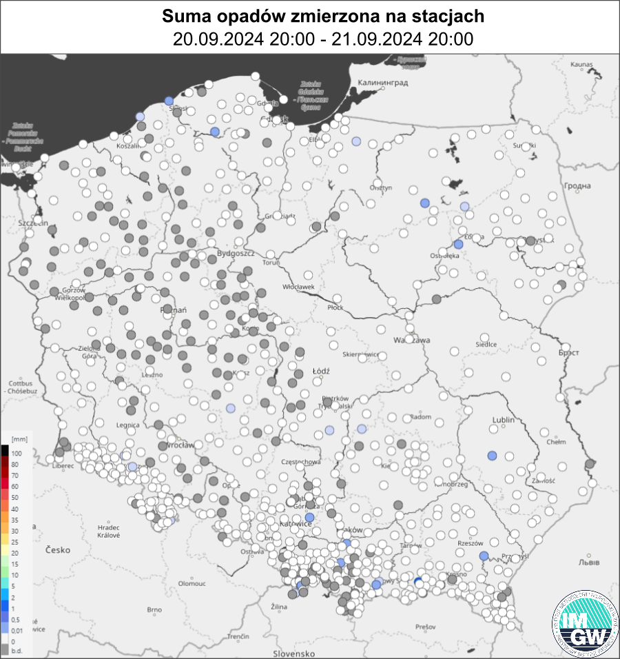 Suma opadów zmierzona na stacjach pomiarowych za okres 24 h (20.09.2024 18:00 UTC – 21.09.2024 18:00 UTC).