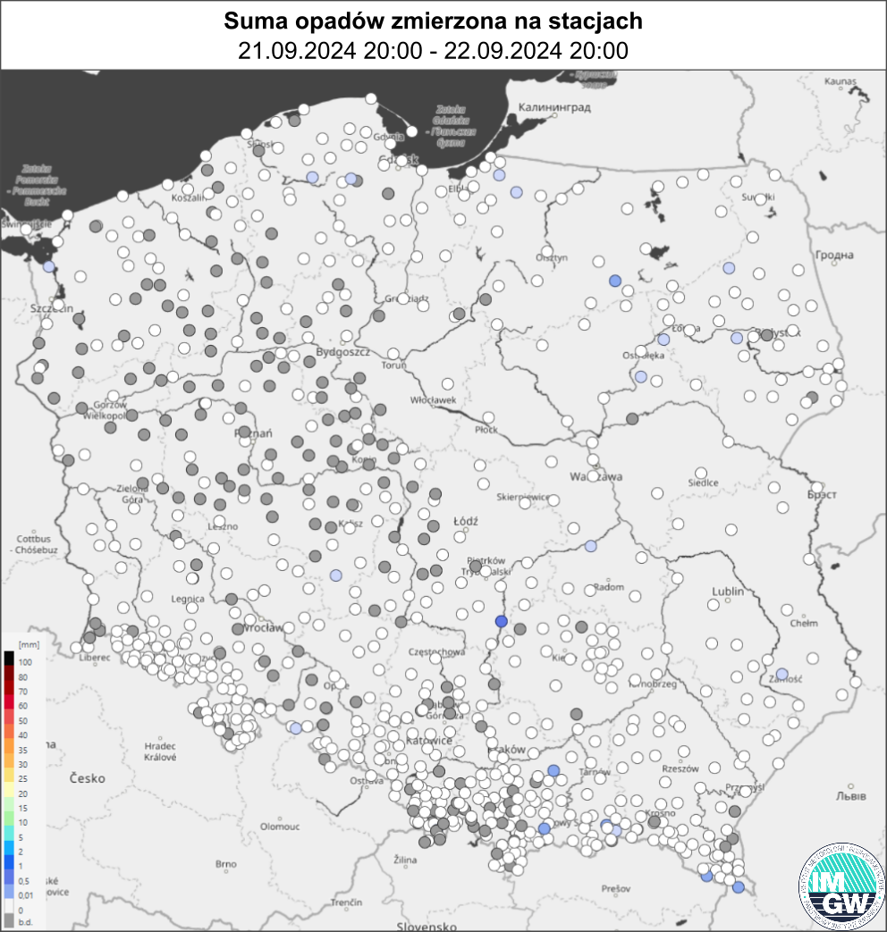 Suma opadów zmierzona na stacjach pomiarowych za okres 24 h (21.09.2024 18:00 UTC – 22.09.2024 18:00 UTC).