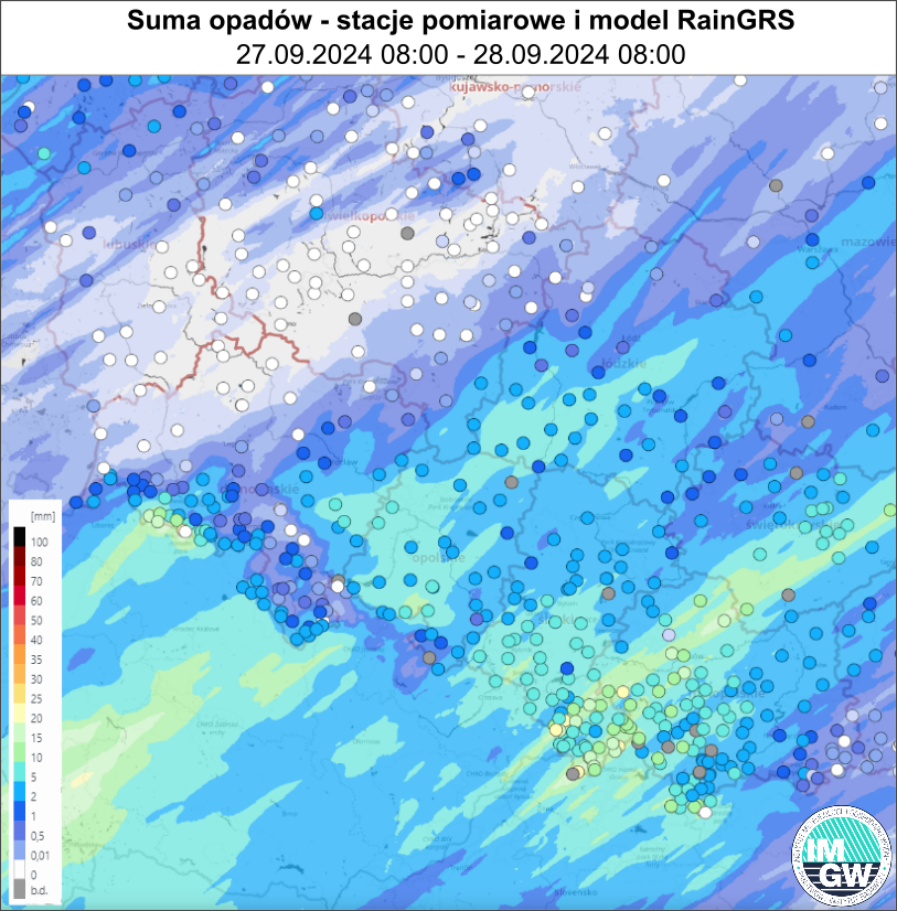 Suma opadów zmierzona na stacjach i według modelu RainGRS za okres 24 h w południowo-zachodniej części Polski (27.09.2024 06:00 UTC – 28.09.2024 06:00 UTC).