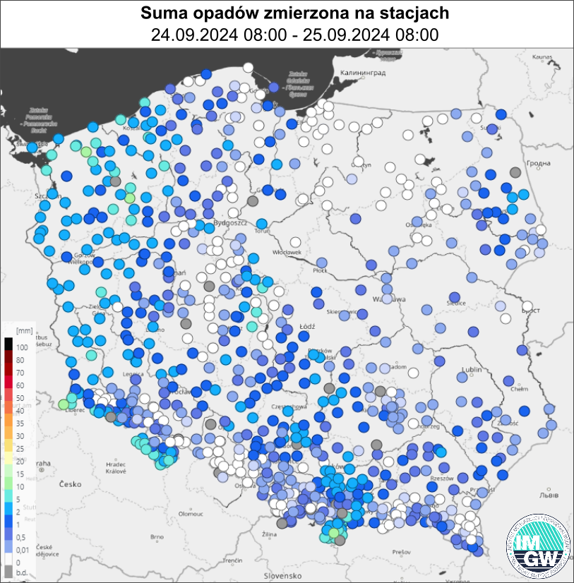 Suma opadów zmierzona na stacjach za okres 24 h (24.2024 06:00 UTC – 25.09.2024 06:00 UTC).