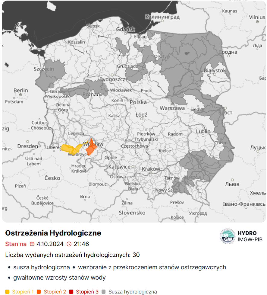 Mapa obowiązujących ostrzeżeń hydrologicznych. Źródło: IMGW-PIB