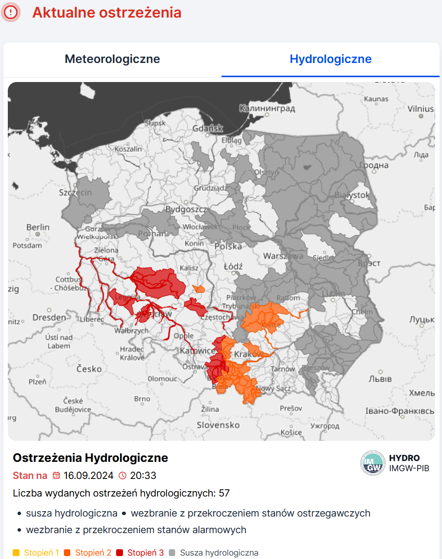 Mapa obowiązujących ostrzeżeń hydrologicznych. Źródło: IMGW-PIB