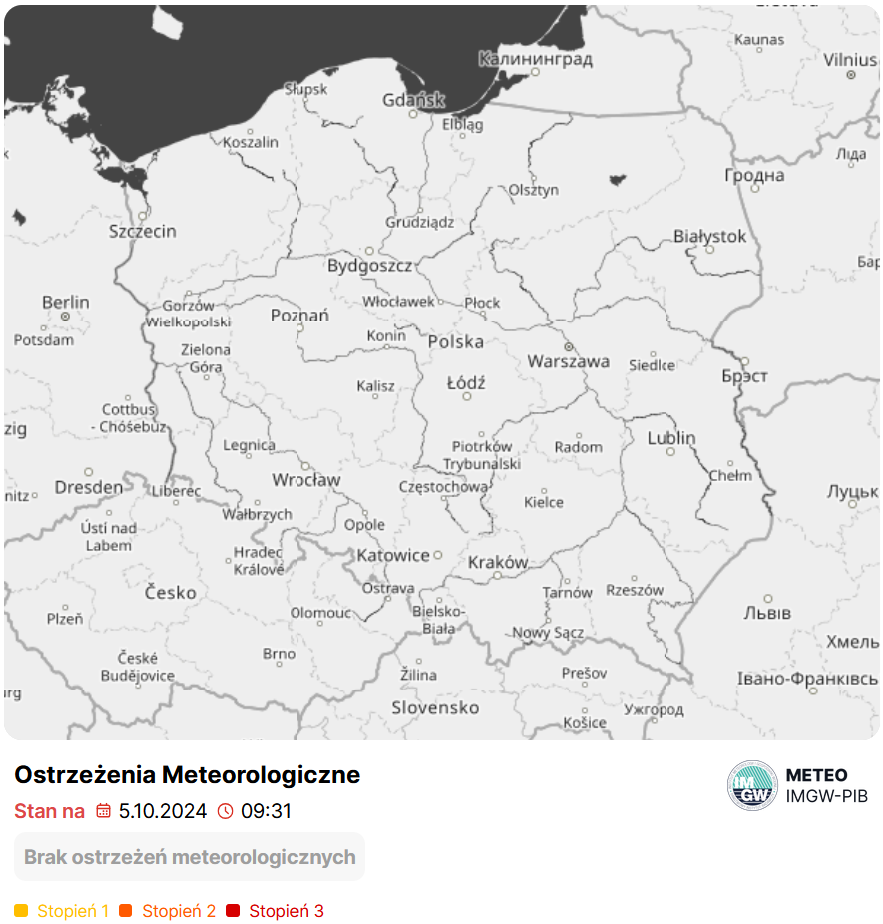 Mapa obowiązujących ostrzeżeń meteorologicznych. Źródło: IMGW-PIB.