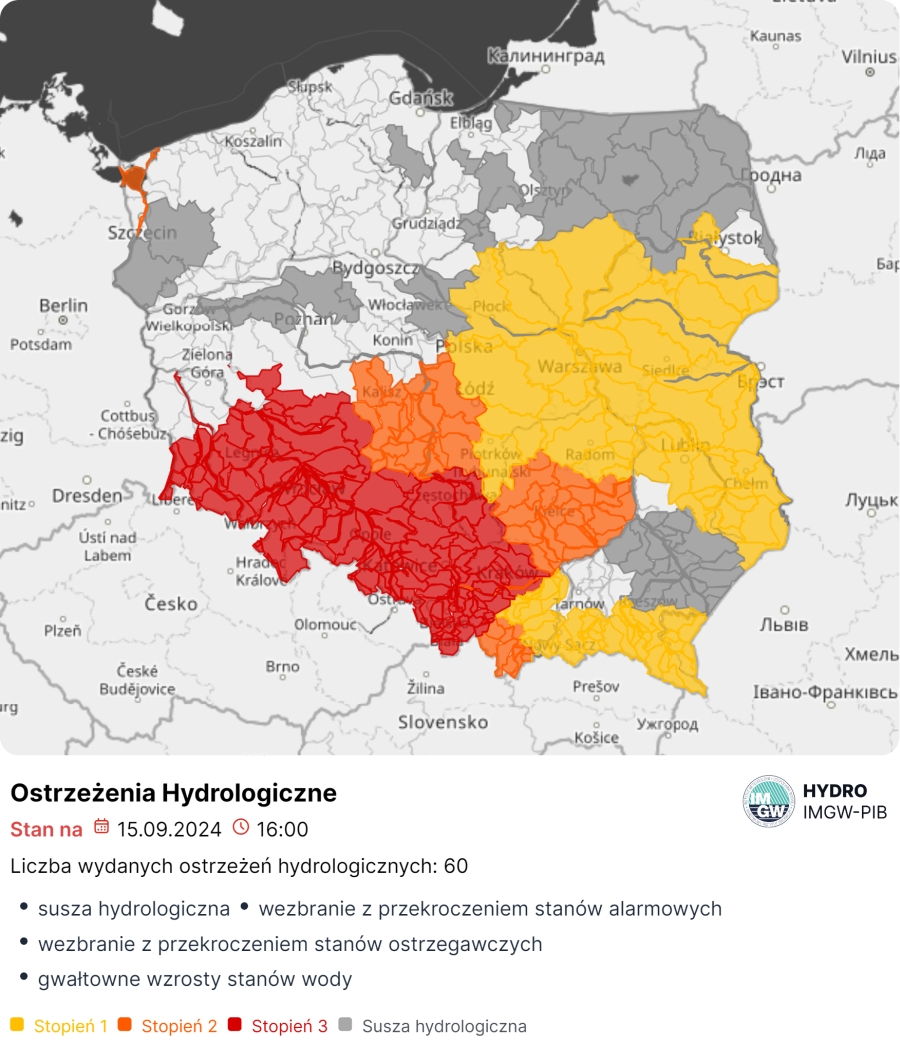 Mapa obowiązujących ostrzeżeń hydrologicznych. Źródło: IMGW-PIB.