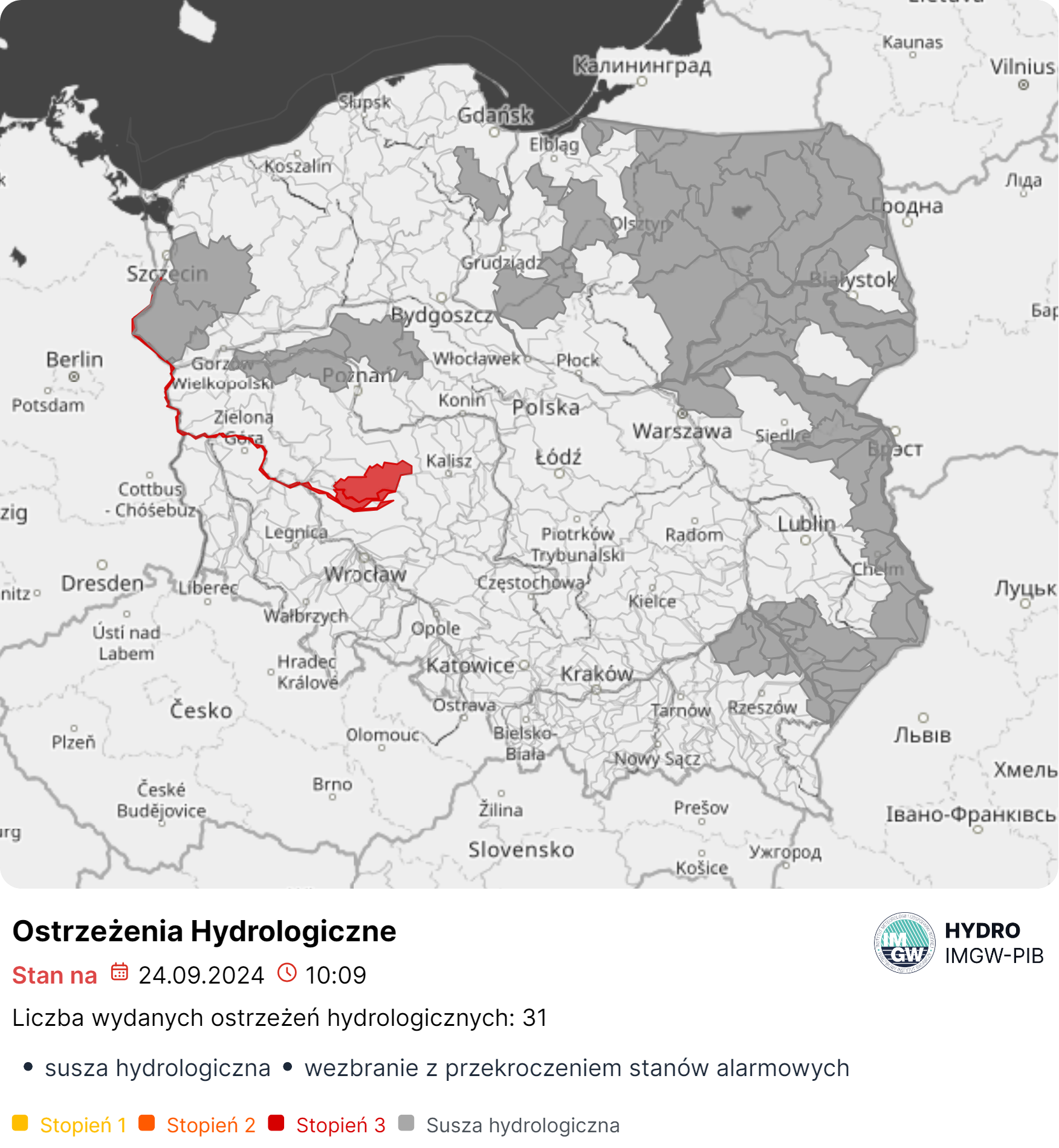 Mapa obowiązujących ostrzeżeń hydrologicznych. Źródło: IMGW-PIB