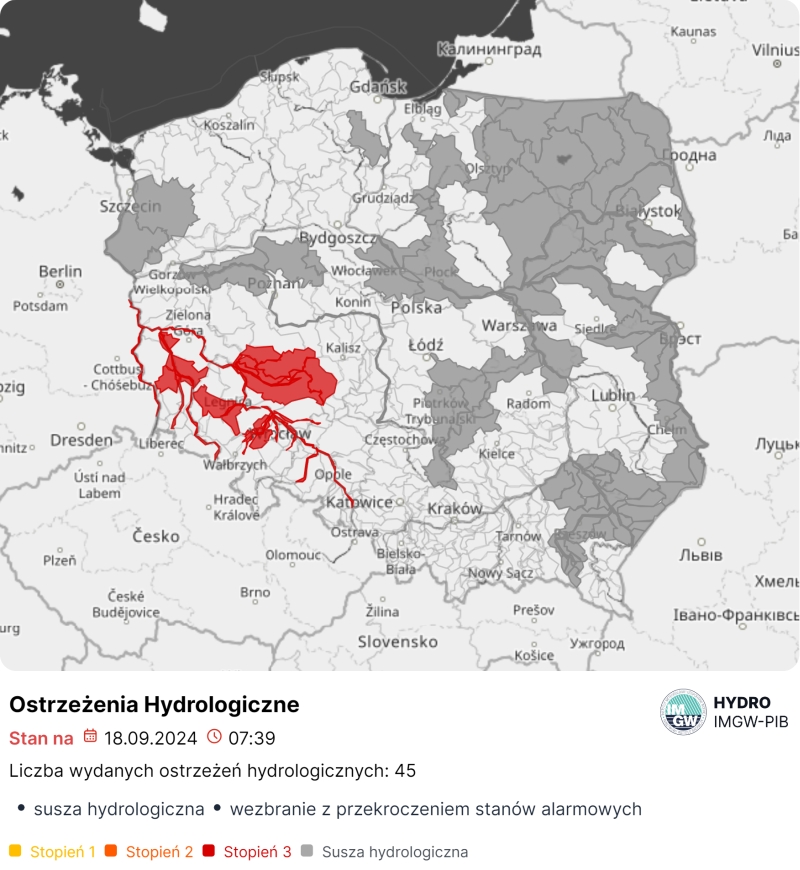 Mapa obowiązujących ostrzeżeń hydrologicznych. Źródło: IMGW-PIB.