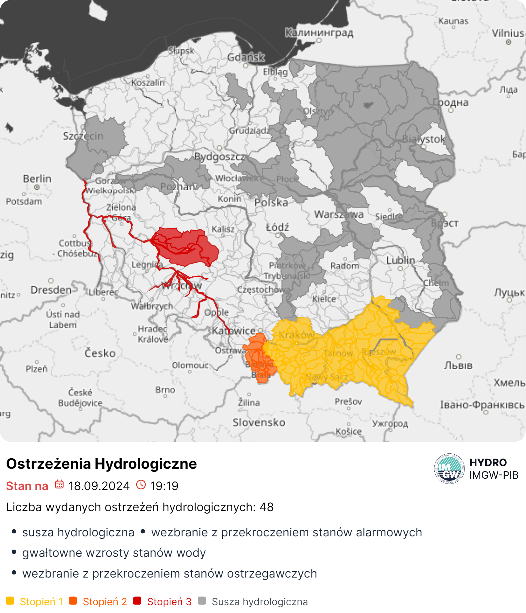 Mapa obowiązujących ostrzeżeń hydrologicznych. Źródło: IMGW-PIB