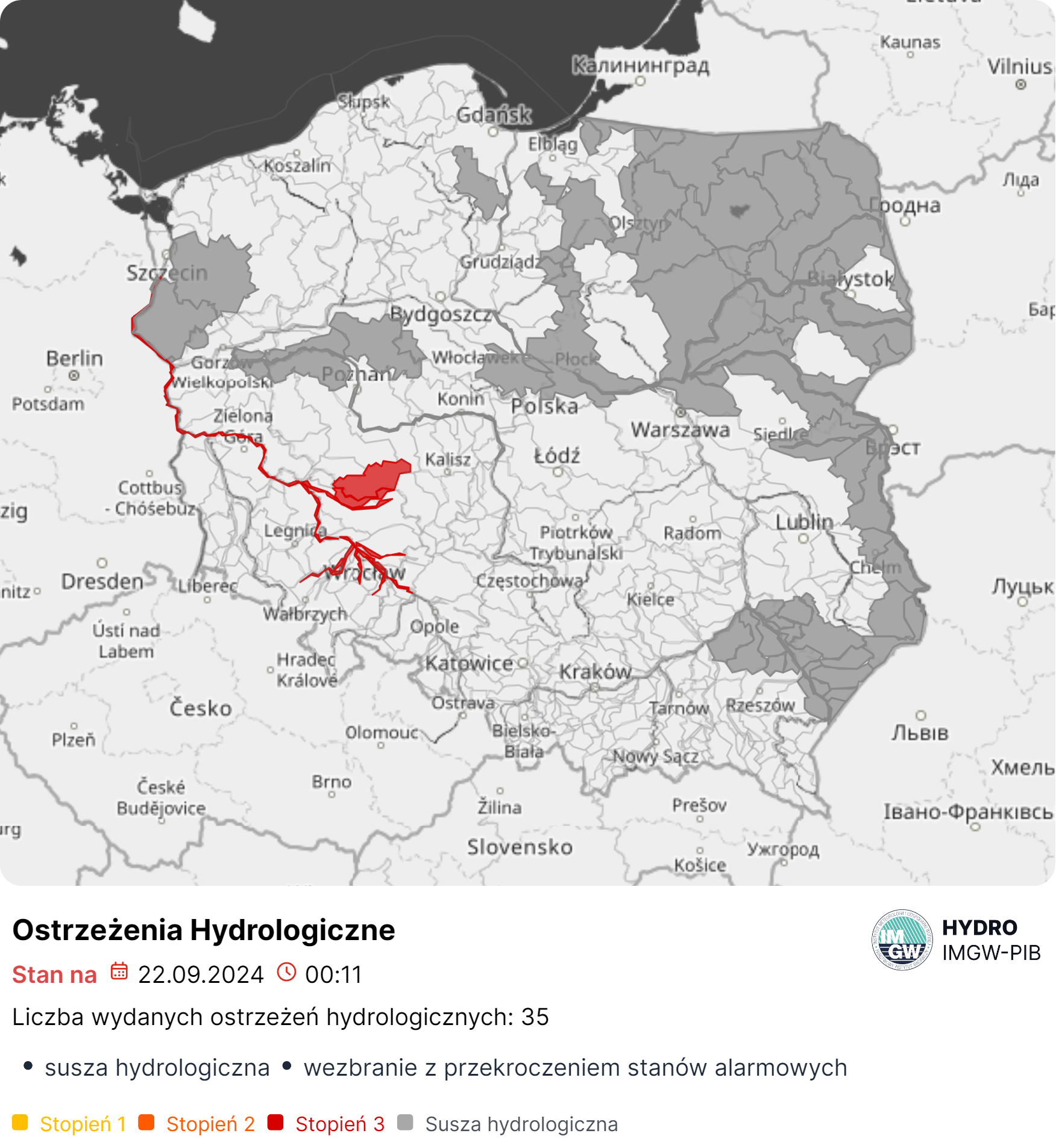 Mapa obowiązujących ostrzeżeń hydrologicznych. Źródło: IMGW-PIB