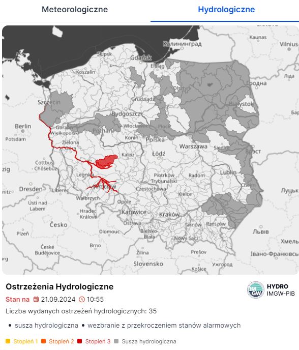 Mapa obowiązujących ostrzeżeń hydrologicznych. Źródło: IMGW-PIB