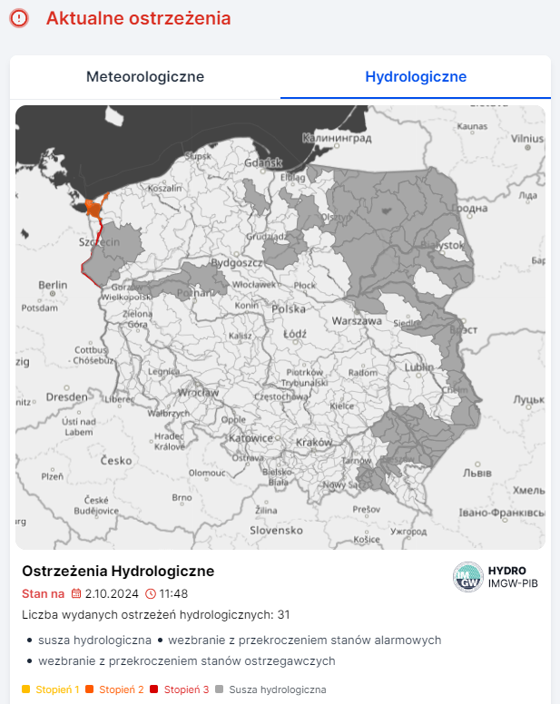 Mapa obowiązujących ostrzeżeń hydrologicznych. Źródło: IMGW-PIB